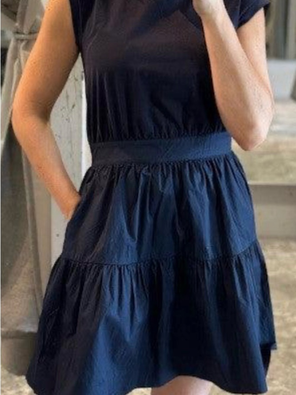 JS71 Blue Cap Sleeve Dress with Cotton Bodice and Poplin Tiered Dress Medium